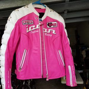 Women Leather Motorcycle Jacket Pink & White